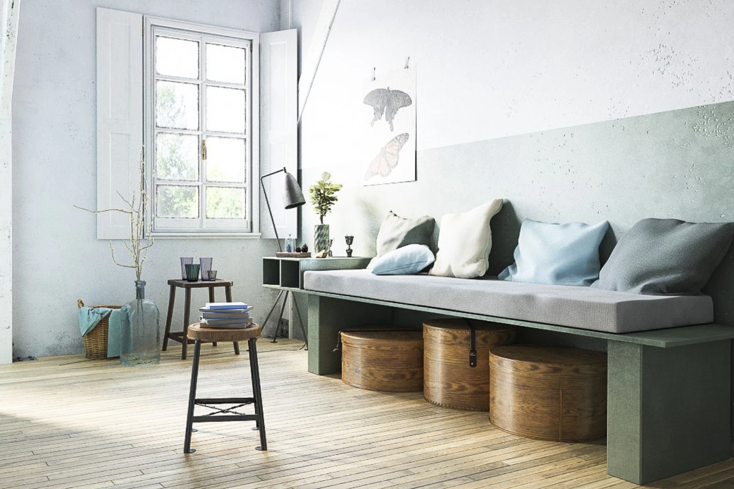 Salon w stylu skandynawskim z elementami rustykalnymi